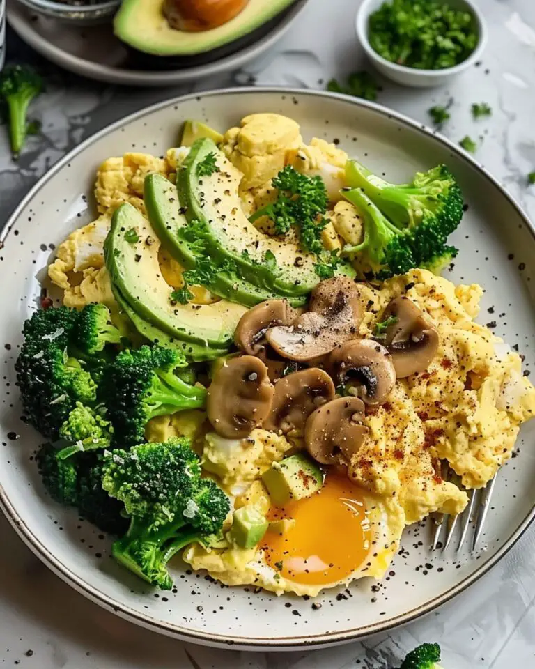 Scrambled Eggs with Sautéed Mushrooms, Broccoli & Avocado