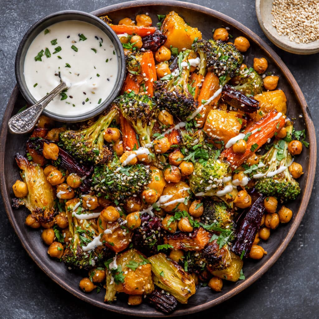Sesame Roasted Vegetables and Chickpeas with Garlic Tahini Yogurt Sauce