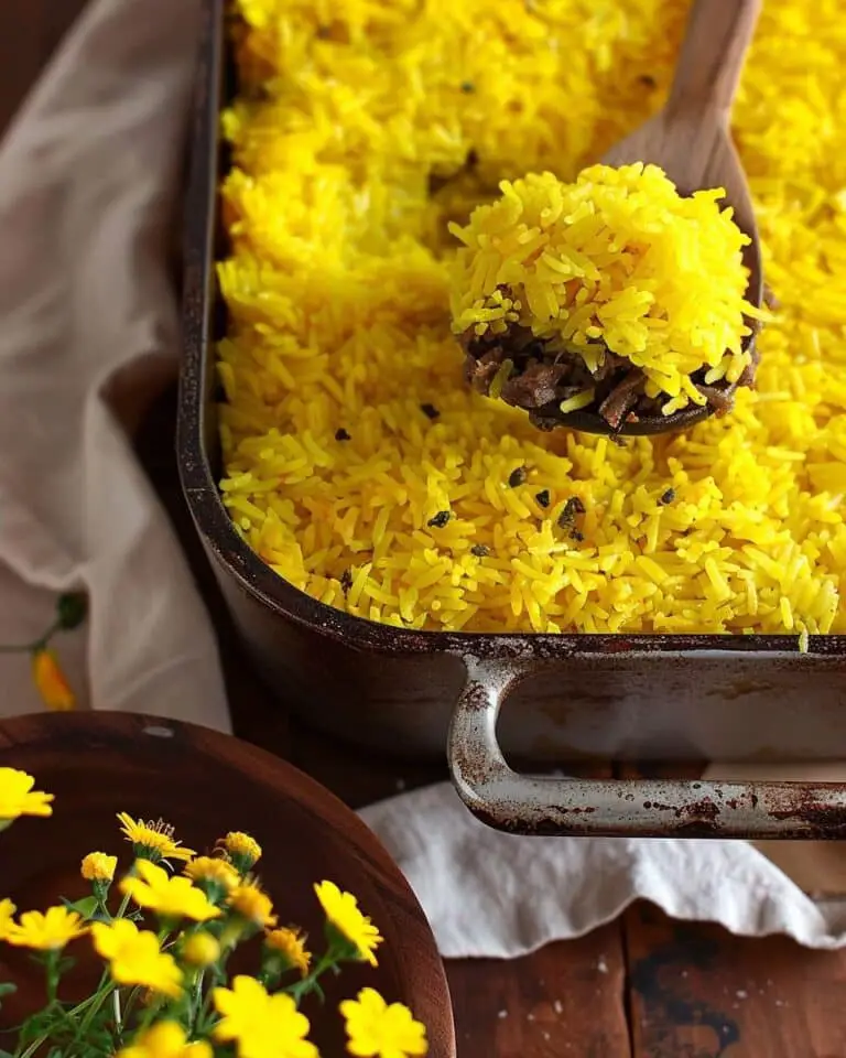 Golden Saffron Rice Bake with Baharat Spiced Meat