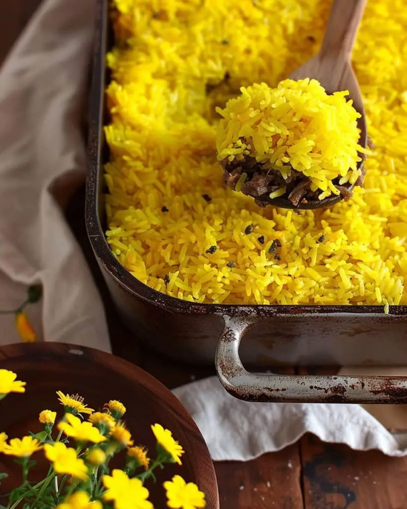 Golden Saffron Rice Bake with Baharat Spiced Meat