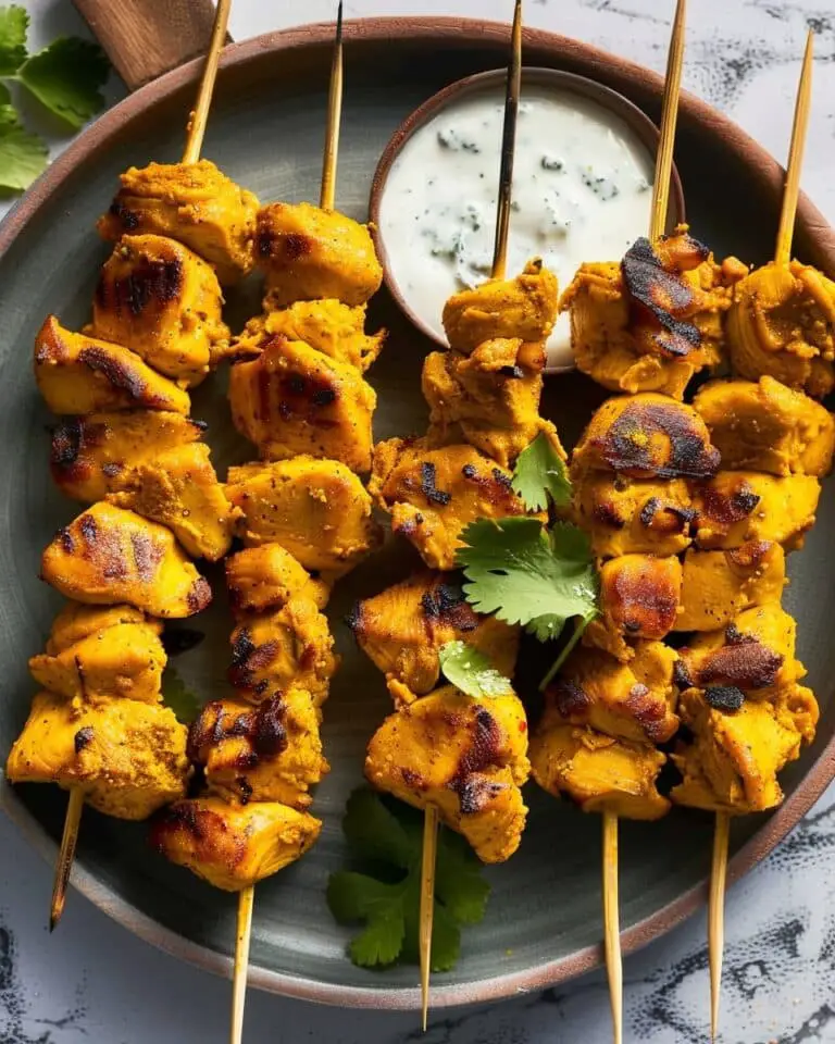 Turmeric Chicken Skewers With Green Olive Yogurt