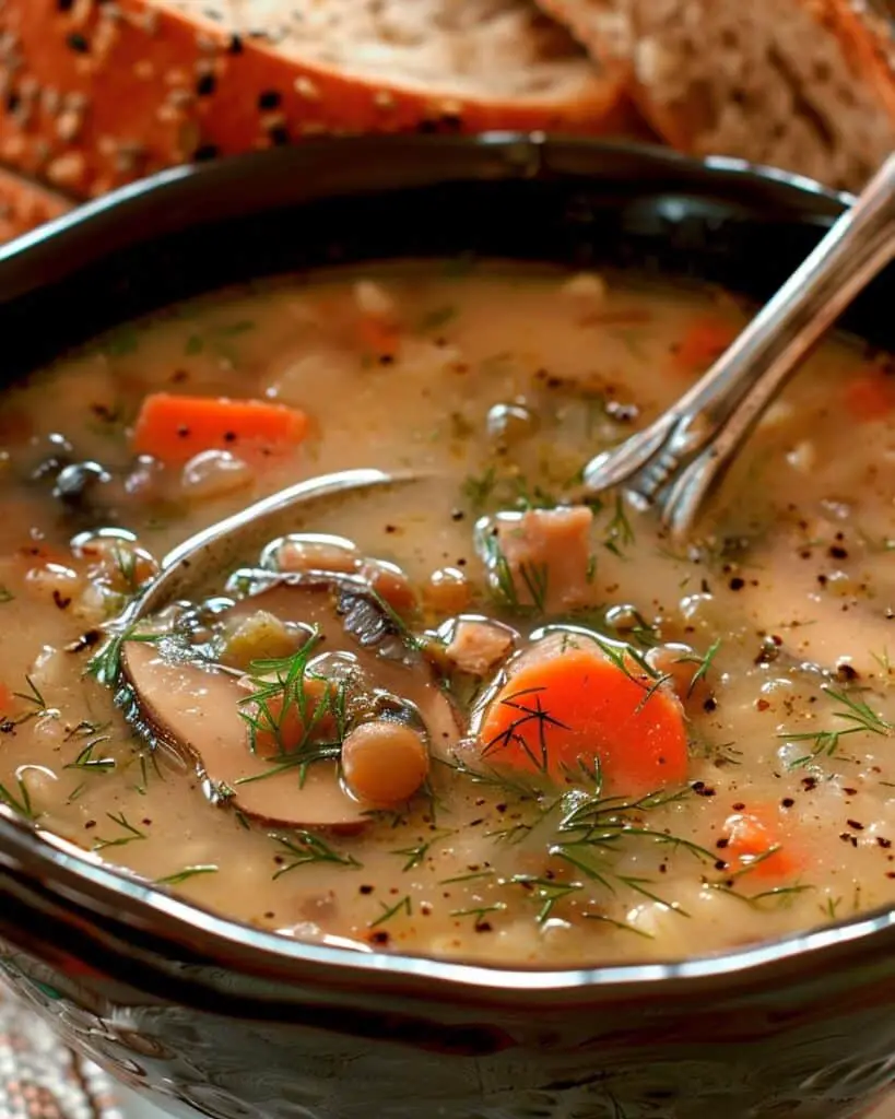 Creamy Mushroom Barley Soup with Lentils and Dill