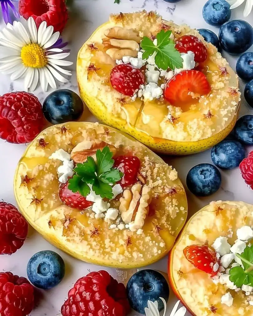 Mediterranean Baked Pears with Honey, Fresh Berries, Walnuts & Feta Crumble