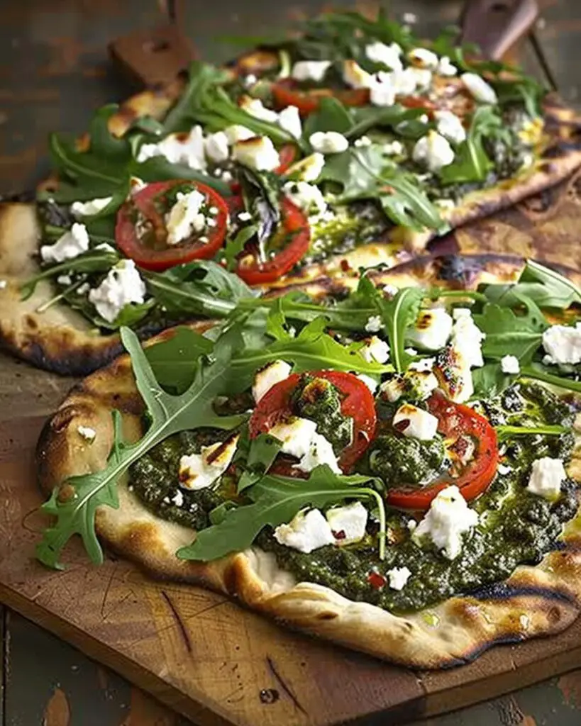 Roasted Tomato & Goat Cheese Flatbread with Pesto & Arugula
