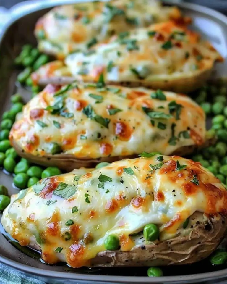 Savory Chicken with Sweet Peas & Cheesy Baked Potato
