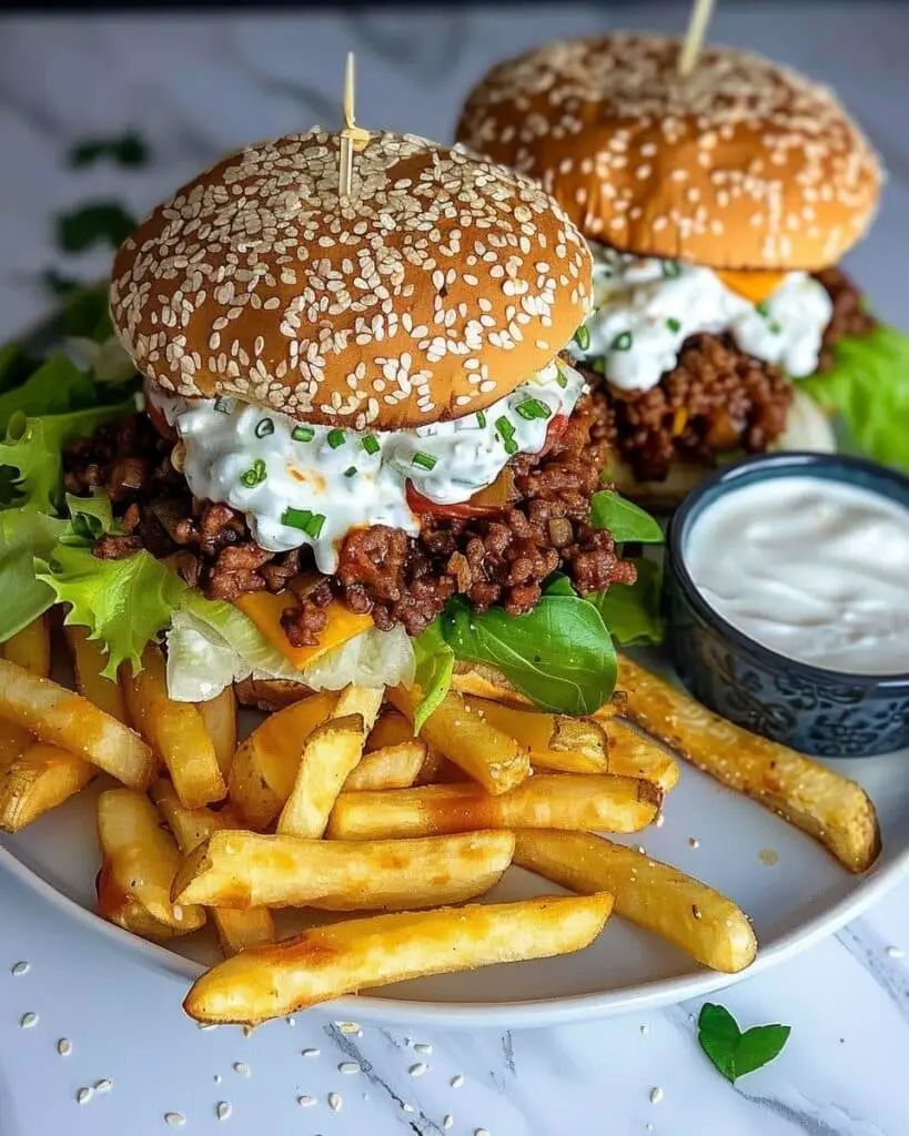 Sloppy Joe Burger with Fries & Fresh Garden Salad