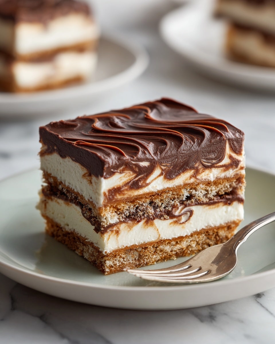A clear square glass dish filled with a layered dessert on a white marbled surface. The bottom layer consists of a light-colored base, topped by a thick, smooth middle layer of creamy texture. The top is a shiny, dark chocolate layer evenly spread with small crumbs sprinkled across. The edges of the dish show the layers clearly through the glass. Photo taken with an iphone --ar 4:5 --v 7