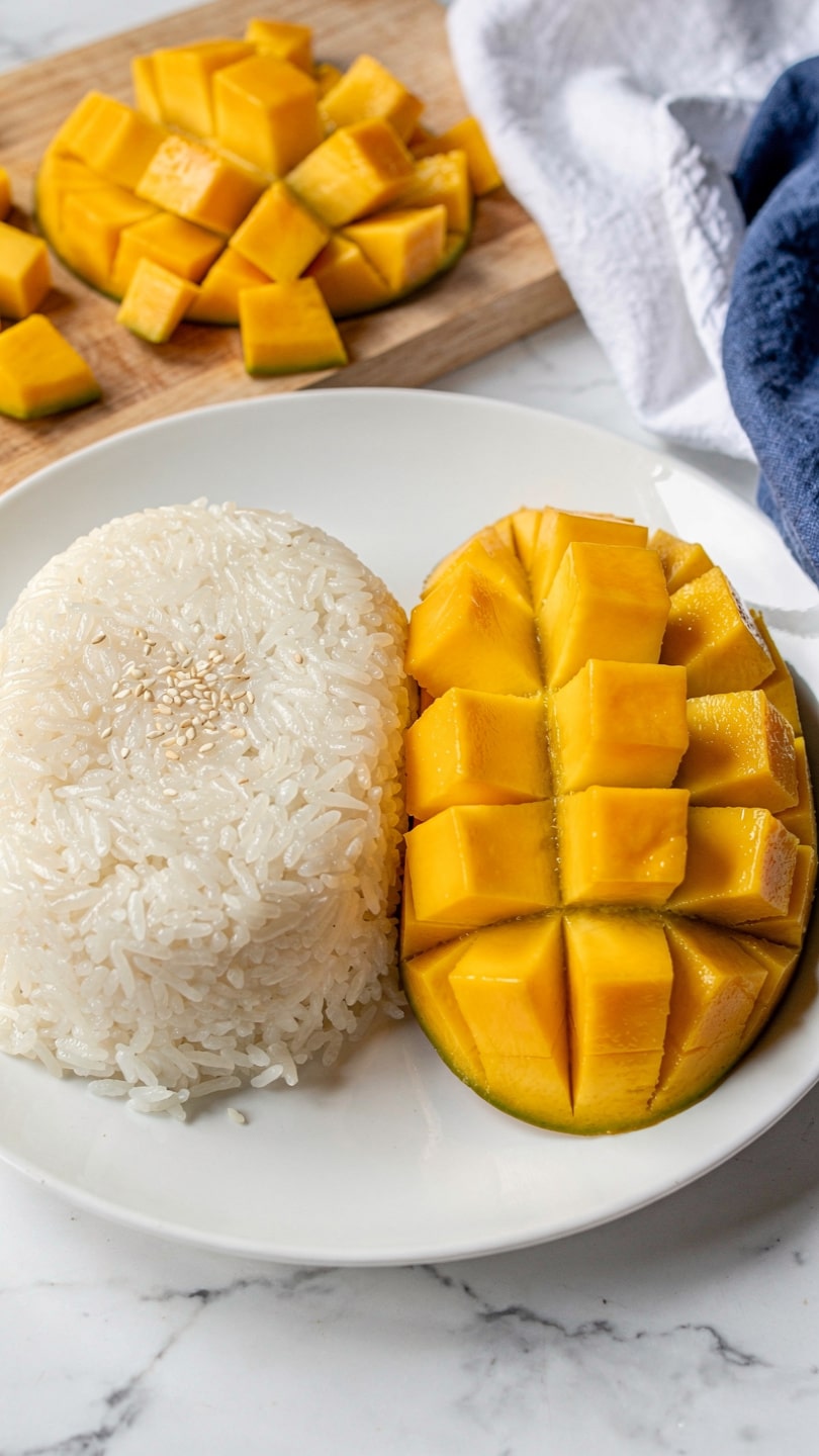 On a white plate sitting on a white marbled surface, there is a dish with two main layers: on the left, a mound of white sticky rice with a shiny, slightly translucent texture topped with small white sesame seeds and a small piece of yellow mango; on the right, bright yellow mango slices neatly cut into cubes arranged in two rows, showing smooth flesh and a juicy texture. There is a light drizzle of coconut milk pooling slightly around the rice on the plate. A silver spoon is partially visible at the bottom left corner of the plate. photo taken with an iphone --ar 4:5 --v 7