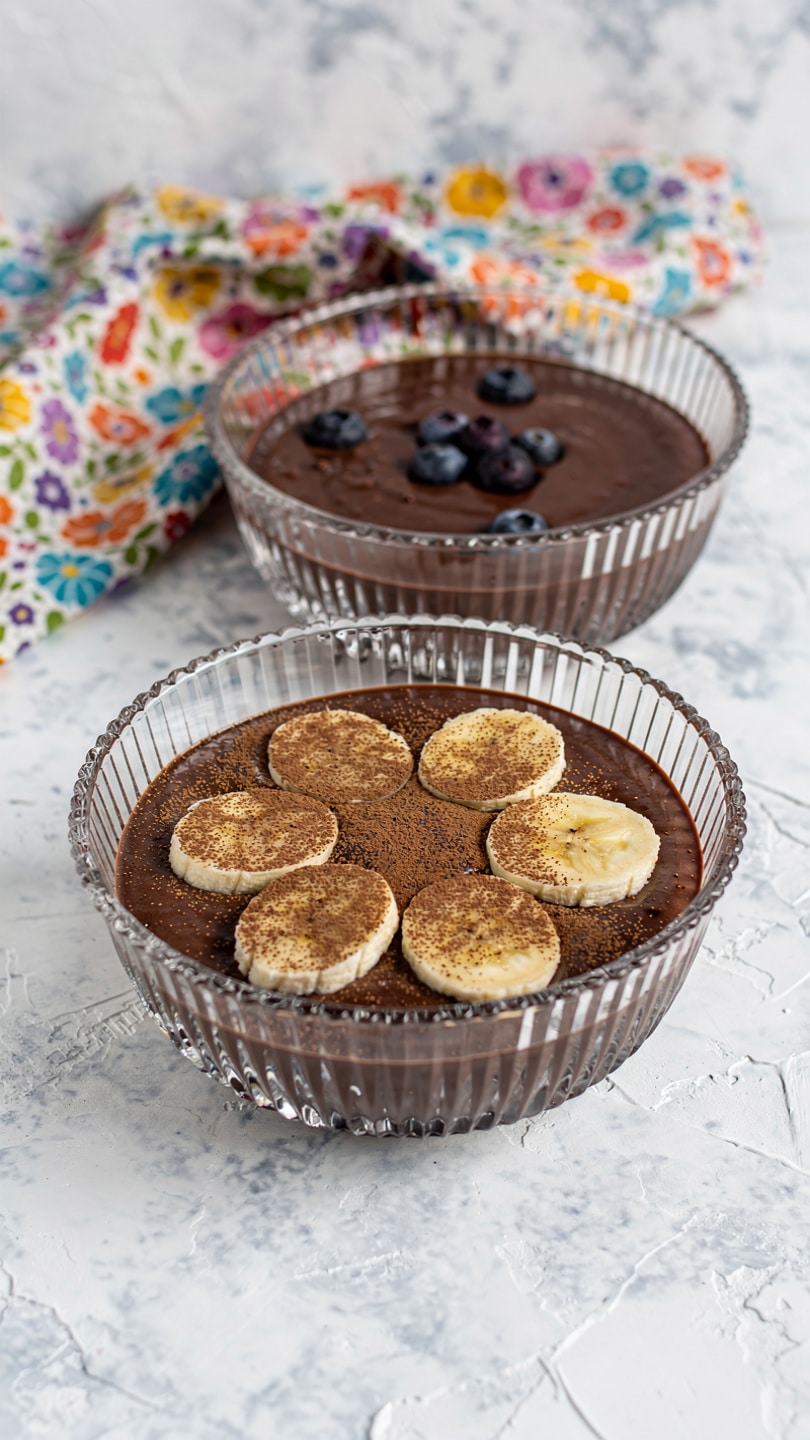 Two clear ribbed glass bowls are placed on a white marbled textured surface with a colorful floral patterned cloth in the background. Each bowl contains dark brown smooth chocolate pudding. The bowl in the front has six slices of banana arranged in a circular pattern on top with a light dusting of cocoa powder scattered over both the bananas and pudding. The bowl in the back holds only the dark chocolate pudding with a few small dark blueberries on the surface. Photo taken with an iphone --ar 4:5 --v 7