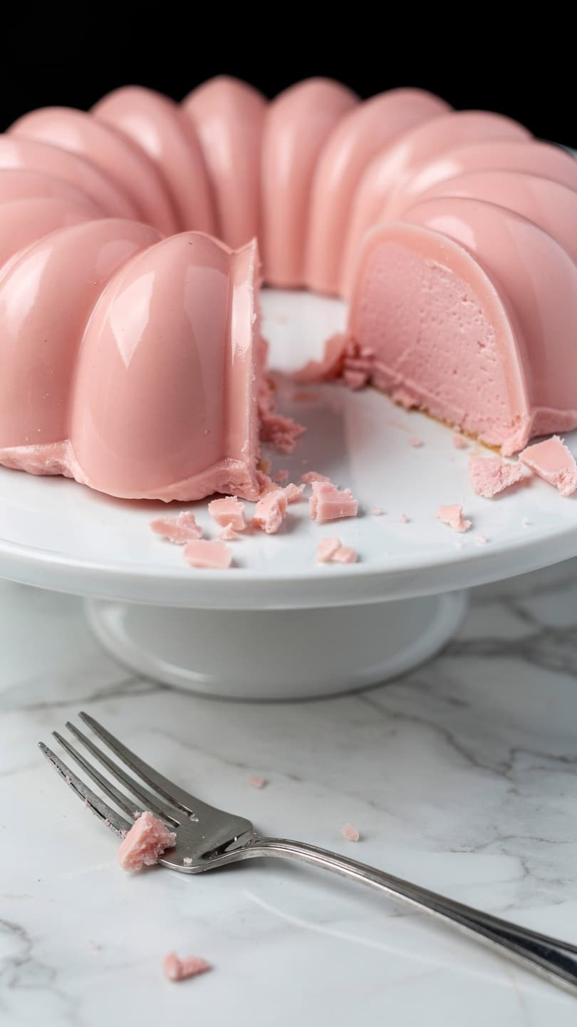 A light pink gelatin dessert is shaped into a ring with smooth, curved layers on a white cake stand. The gelatin has a soft, shiny texture with some small pieces broken off on the plate and one slice missing from the ring. In front of the stand, a silver fork with small bits of the pink gelatin rests on a white marbled surface. The background is plain and dark, making the pastel pink color of the gelatin stand out. photo taken with an iphone --ar 4:5 --v 7