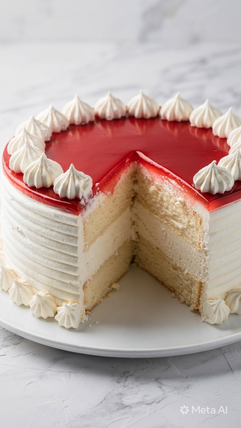 A white plate holds a multi-layered cake with three visible layers: a light creamy bottom layer, a thicker white creamy middle layer, and a smooth red top layer with a slightly glossy texture. The sides of the cake are covered with white cream swirled in horizontal lines. On top, there are evenly spaced small white meringue dollops all around the edge, giving a pointy texture. One large slice is missing, showing the inside layers clearly. The background and surface have a white marbled texture, and soft natural light highlights the cake's textures. Photo taken with an iphone --ar 4:5 --v 7