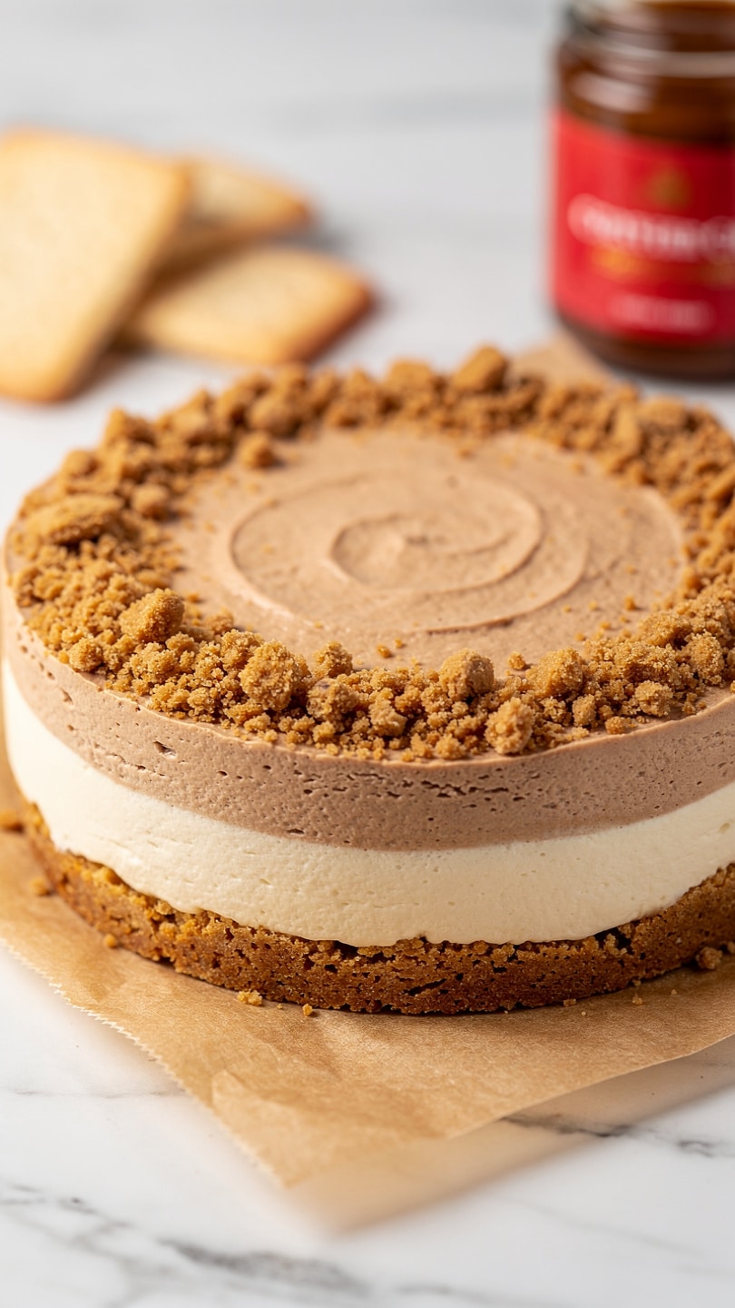 This is a three-layered round dessert placed on light brown parchment paper over a white marbled surface. The bottom layer is a dark golden-brown crumb crust, firm and compact. The thick middle layer is smooth and creamy off-white in color, contrasting with the base. The top layer is milk brown and looks smooth but slightly textured, surrounded by a dense ring of crunchy crumb topping matching the base in color. In the background, some beige rectangular cookies and a jar with a red label can be seen out of focus. Photo taken with an iphone --ar 4:5 --v 7