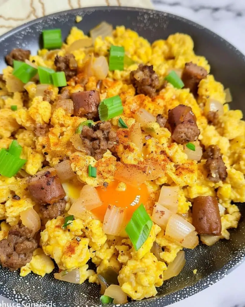 Hungarian Power Breakfast Scrambled Eggs with Sausage and Onion