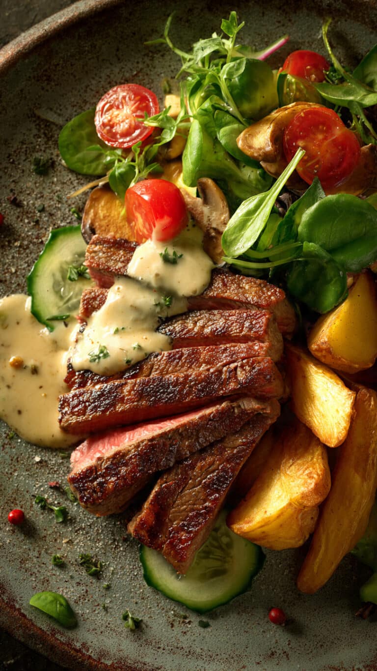 Steak with Creamy Mushroom Sauce, Potato Wedges & Fresh Salad
